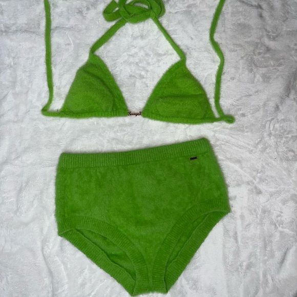 Rihanna Fenty Savage Fuzzy Bikini Lounge Set with Long Cardigan Green Lime Med M - Picture 3 of 6